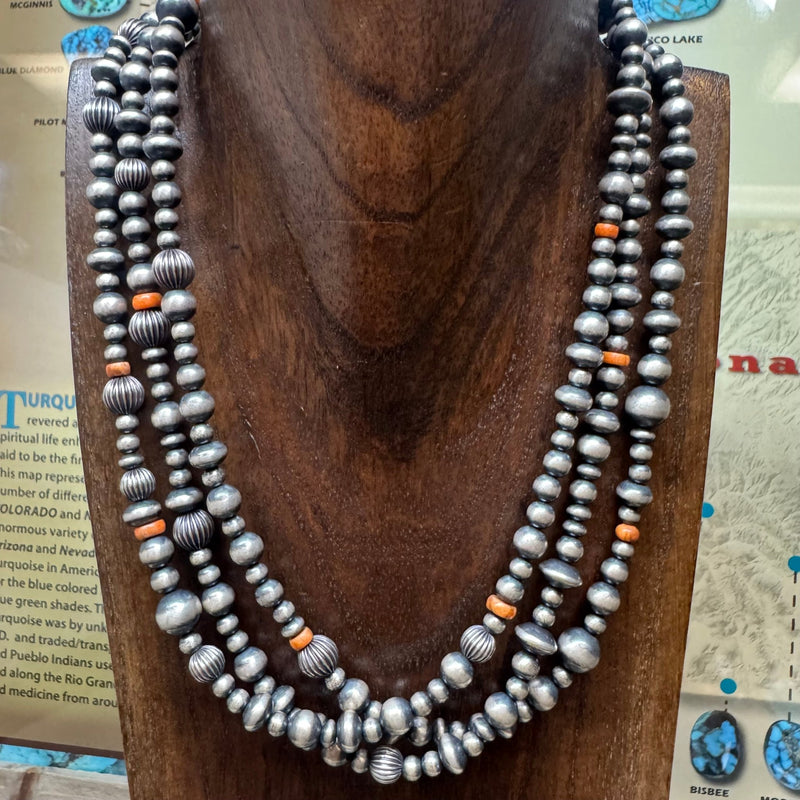 16 inch 3 Strand Multi Sized Navajo Pearl & Saucer with Orange