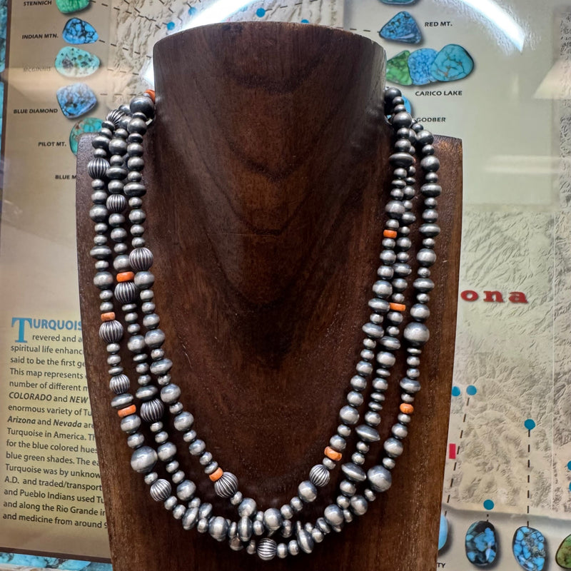 16 inch 3 Strand Multi Sized Navajo Pearl & Saucer with Orange