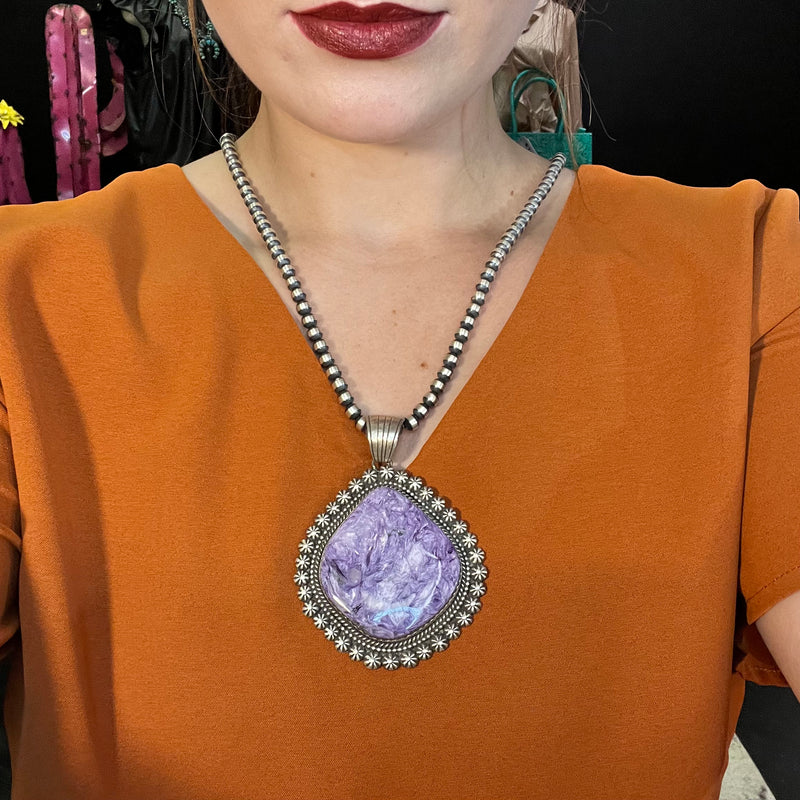 Purple Russian Charoite Huge Pendant Genuine Necklace  Pendant
