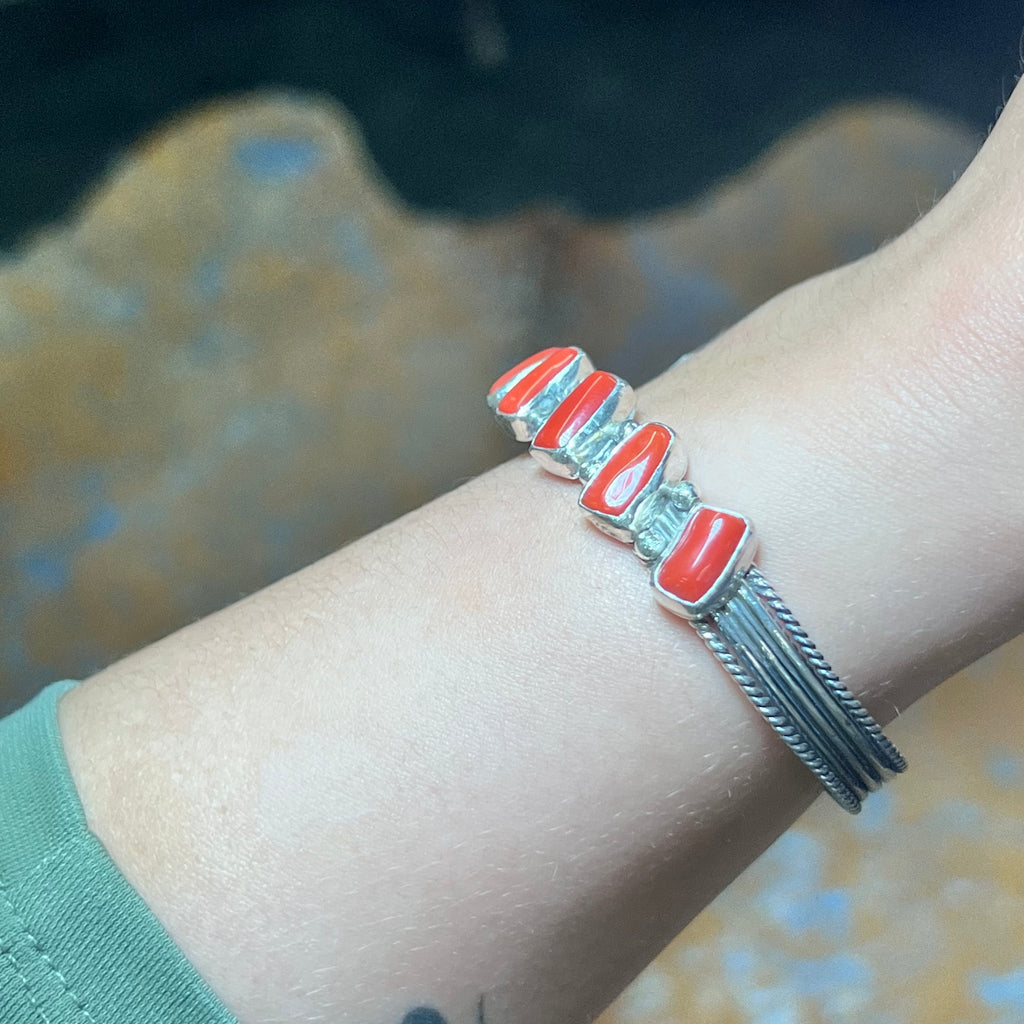 5 Red Coral Stone with Fancy Detail Genuine Sterling Silver Cuff Bracelet