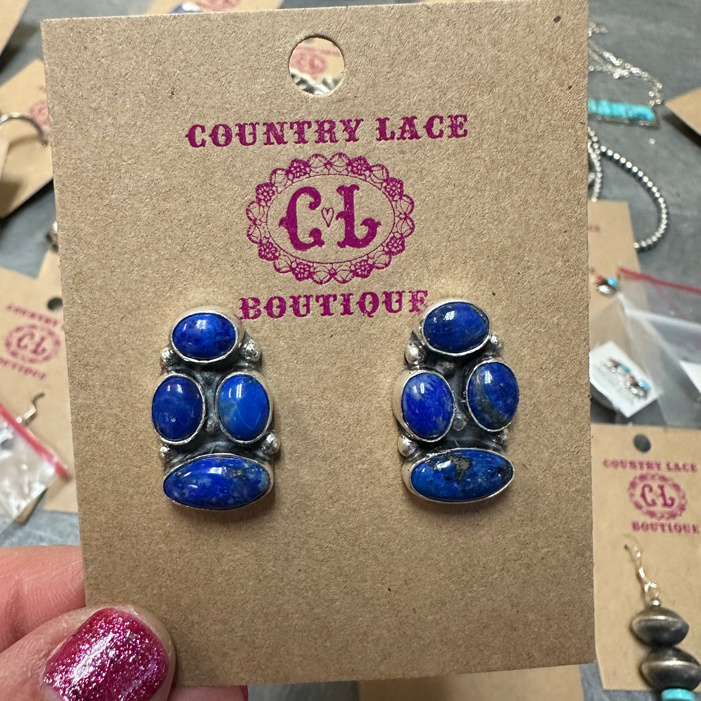4 Stone Blue Lapis Cluster Stud Genuine Earring