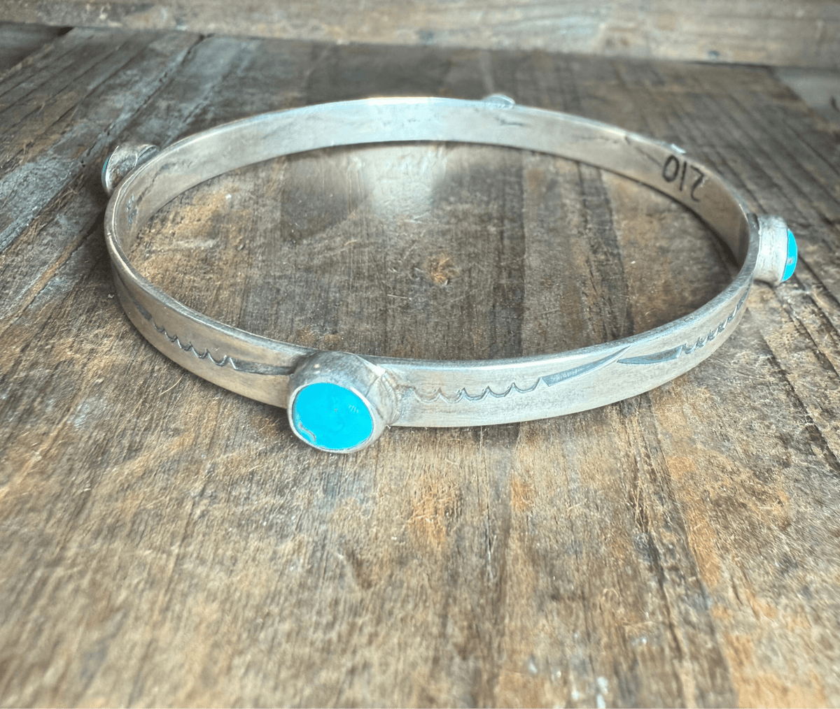 4 Turquoise Stone with Stamped Sterling Silver Bangle Bracelet - Country Lace Boutique