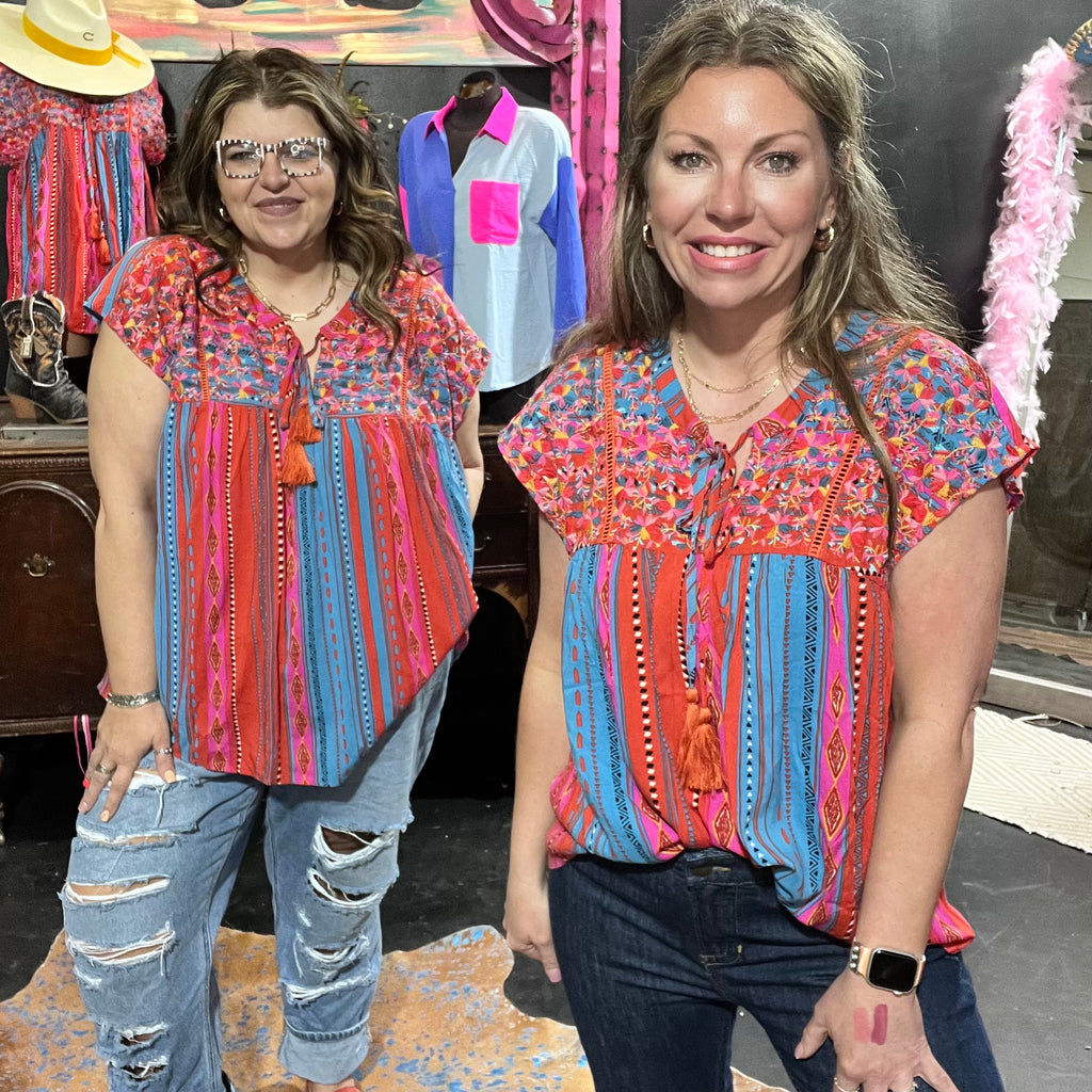 savannah jane embroidered bright colored top