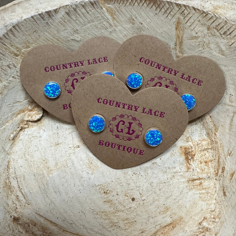 Bright Blue Iridescent Opal Round Stud Genuine Earring