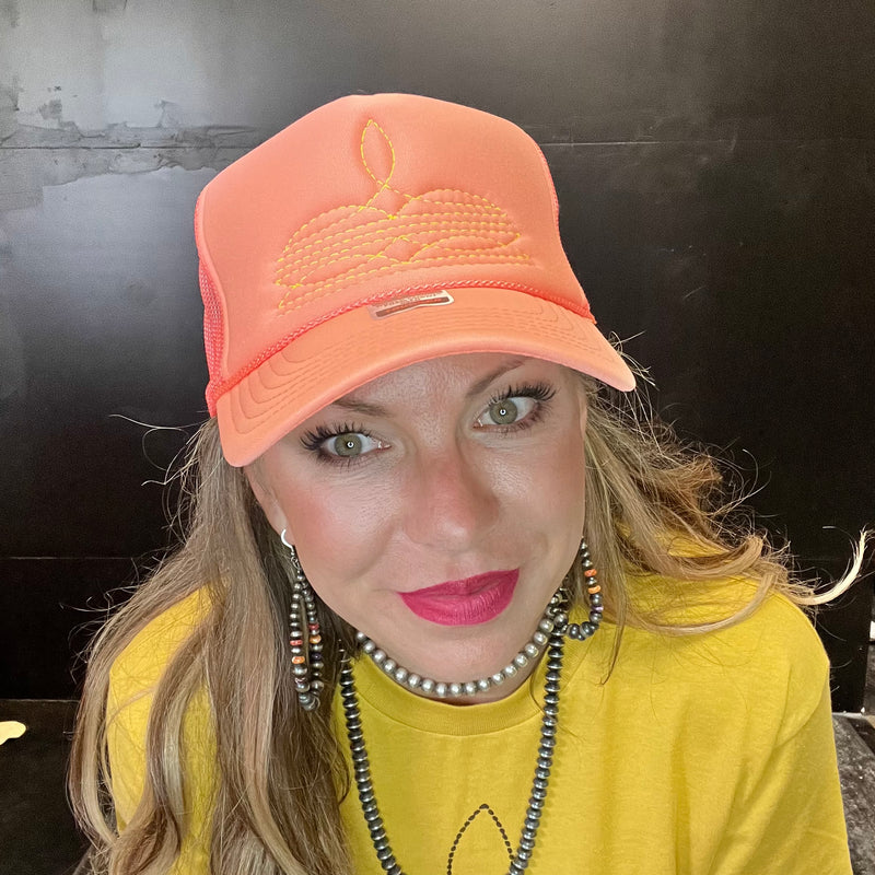 Coral with Yellow Boot Stitch Trucker Cap