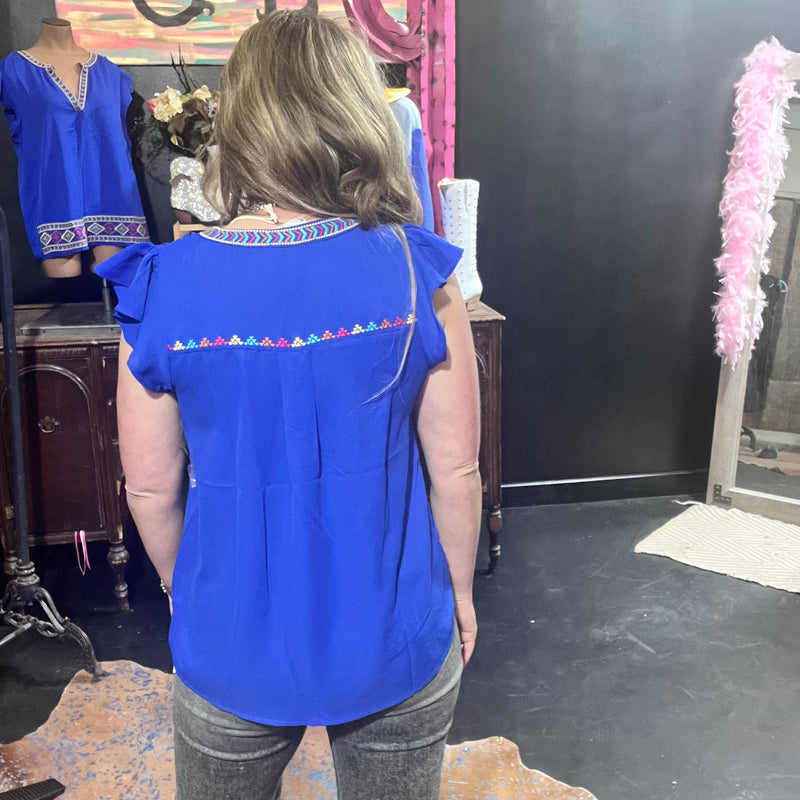 Royal Blue Ruffle Sleeve Savannah Jane Embroidered Top