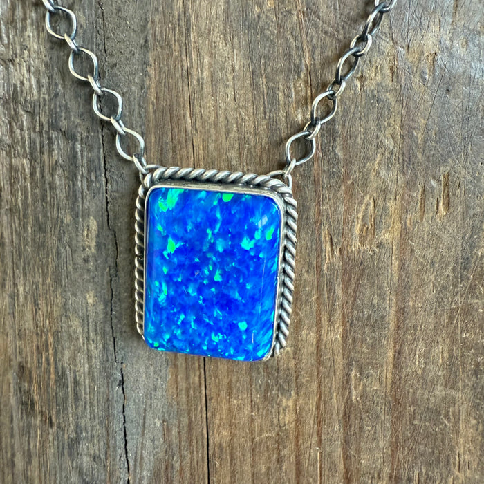 Blue Opal Square Sterling Silver Necklace