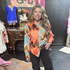Bright Orange Turquoise Green Button Down Long Sleeve Blousy Top