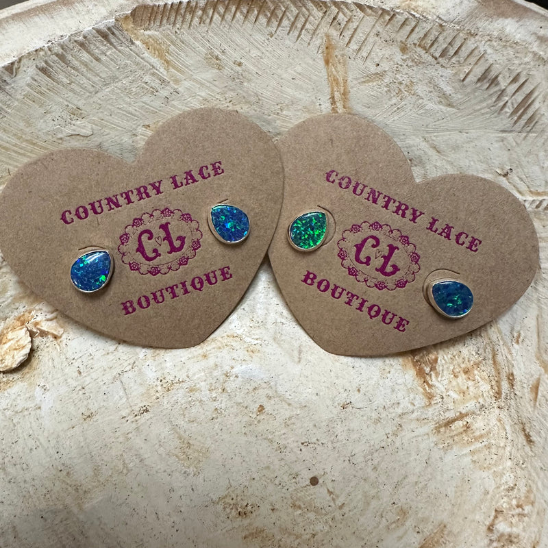 Turquoise Iridescent Opal Tear Drop Stud Genuine Earring
