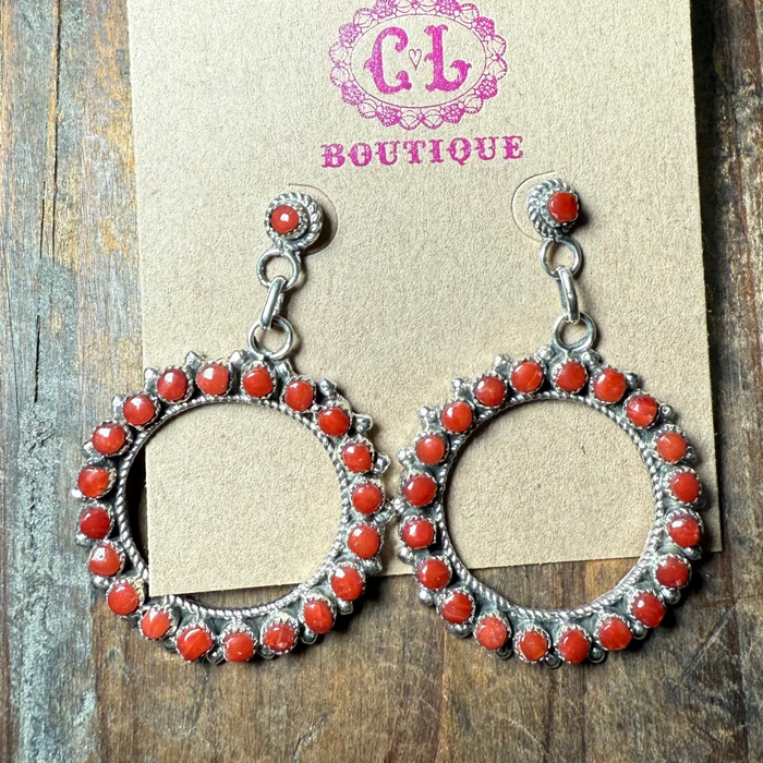 Unique Zuni Coral Dangle Post Sterling Silver Earring