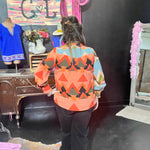 Bright Orange Turquoise Green Button Down Long Sleeve Blousy Top