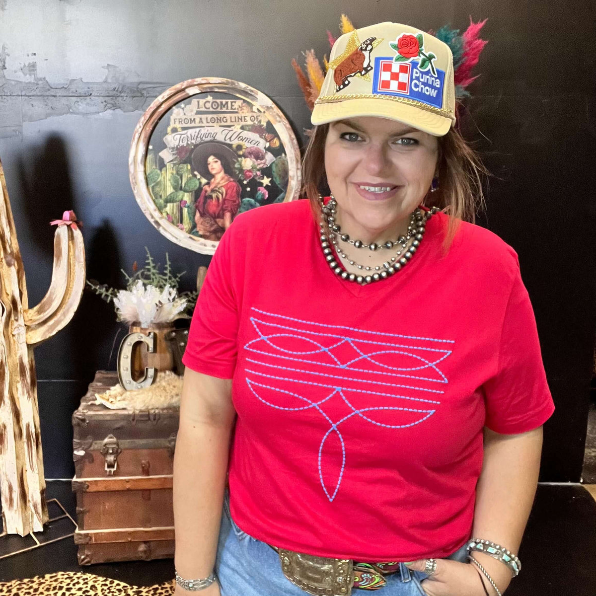 Red and Blue Boot Stitch T-shirt / Small