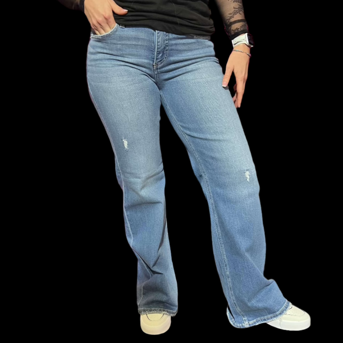 Medium Wash Distressed Risen Trouser Leg Jeans