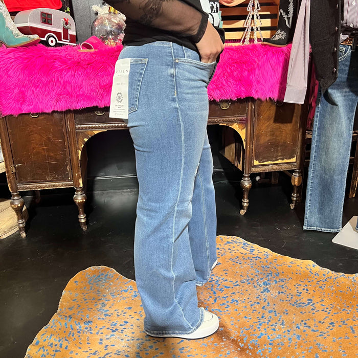 Medium Wash Distressed Risen Trouser Leg Jeans 1