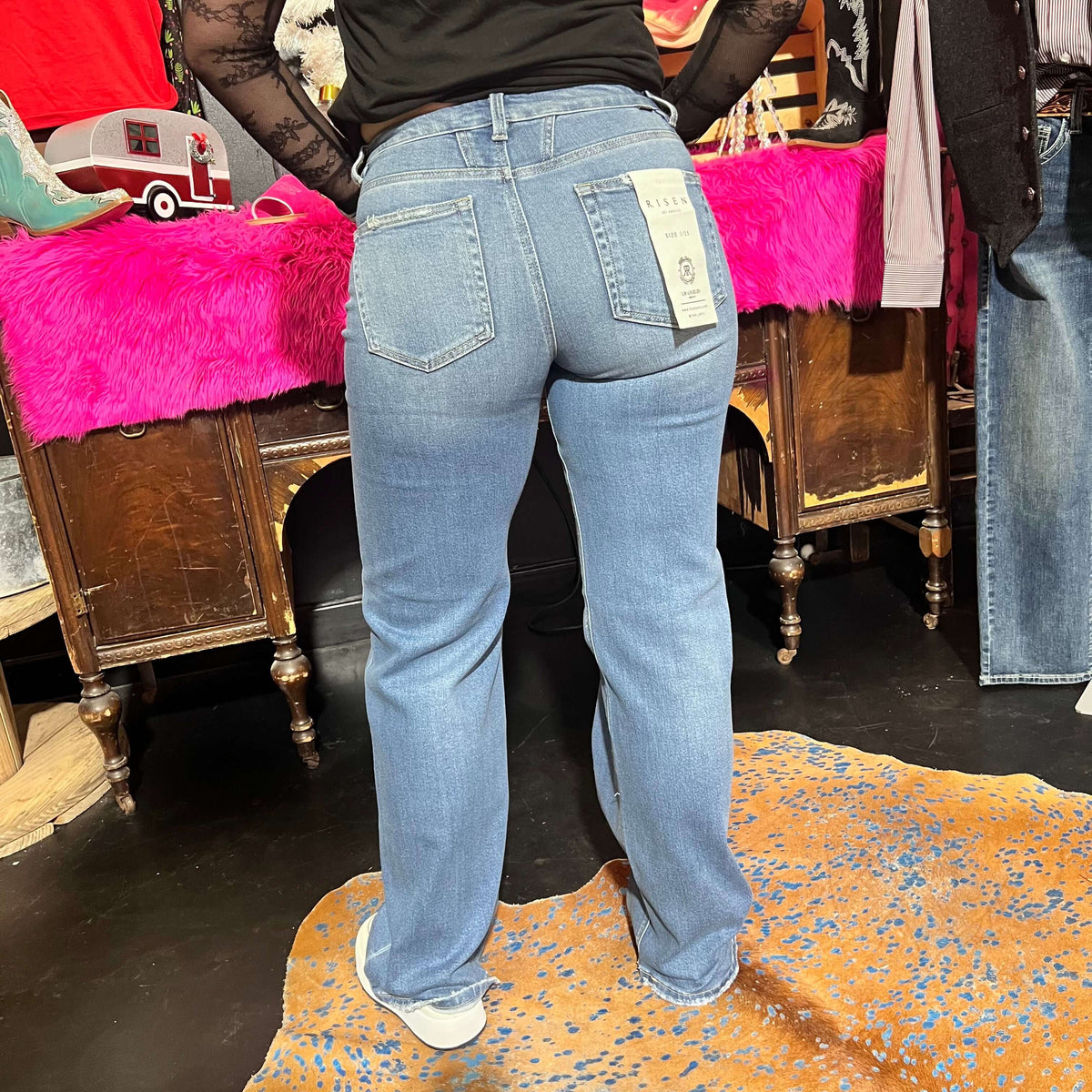 Medium Wash Distressed Risen Trouser Leg Jeans 2