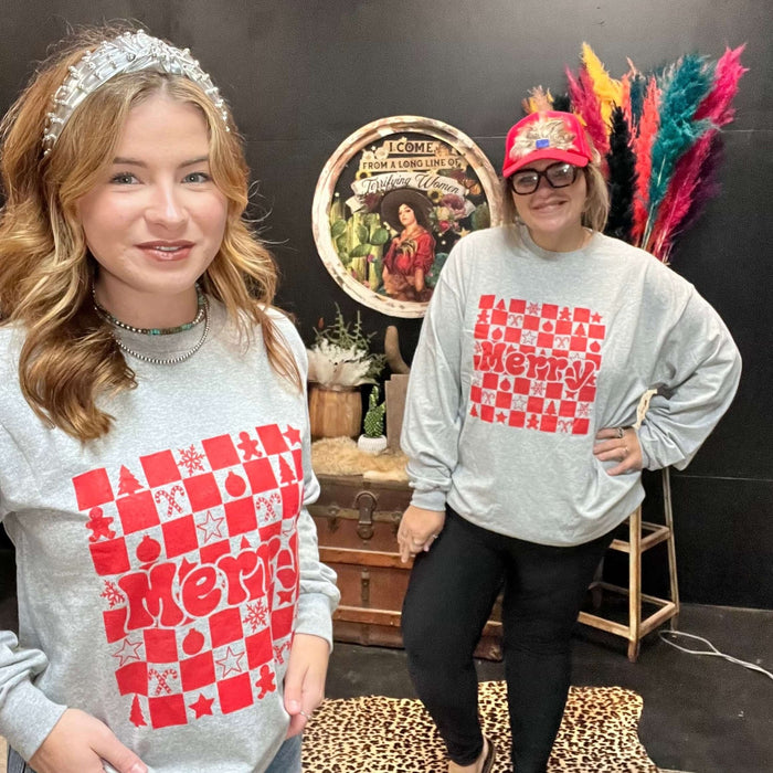 Athletic Grey Worn Merry With Red Crew Long Sleeve Neck T-shirt - Country Lace Boutique