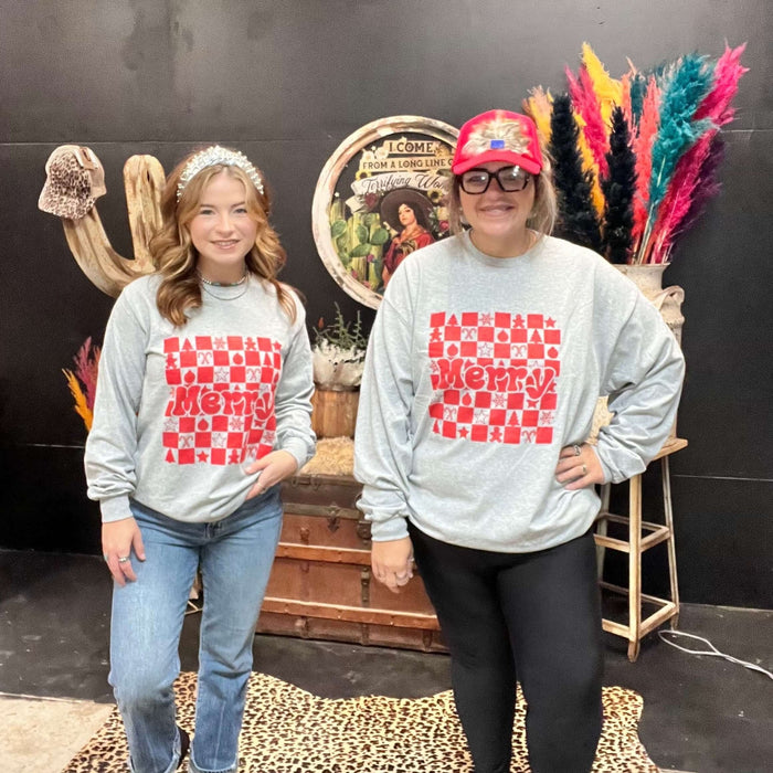 Athletic Grey Worn Merry With Red Crew Long Sleeve Neck T-shirt - Country Lace Boutique
