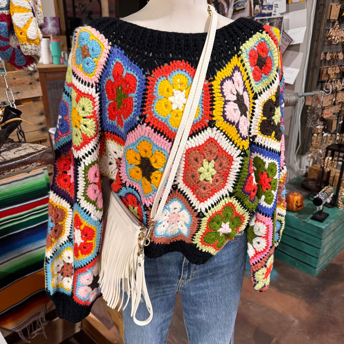 Black Crochet Flower Crop Sweater - Country Lace Boutique