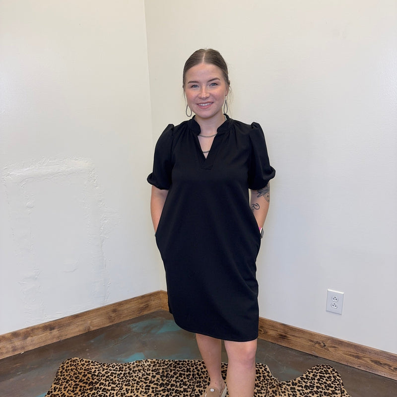 Black Mandarin Collar V Neck Puff Sleeve Short Knee Length Dress w/ Po   Country Lace Boutique