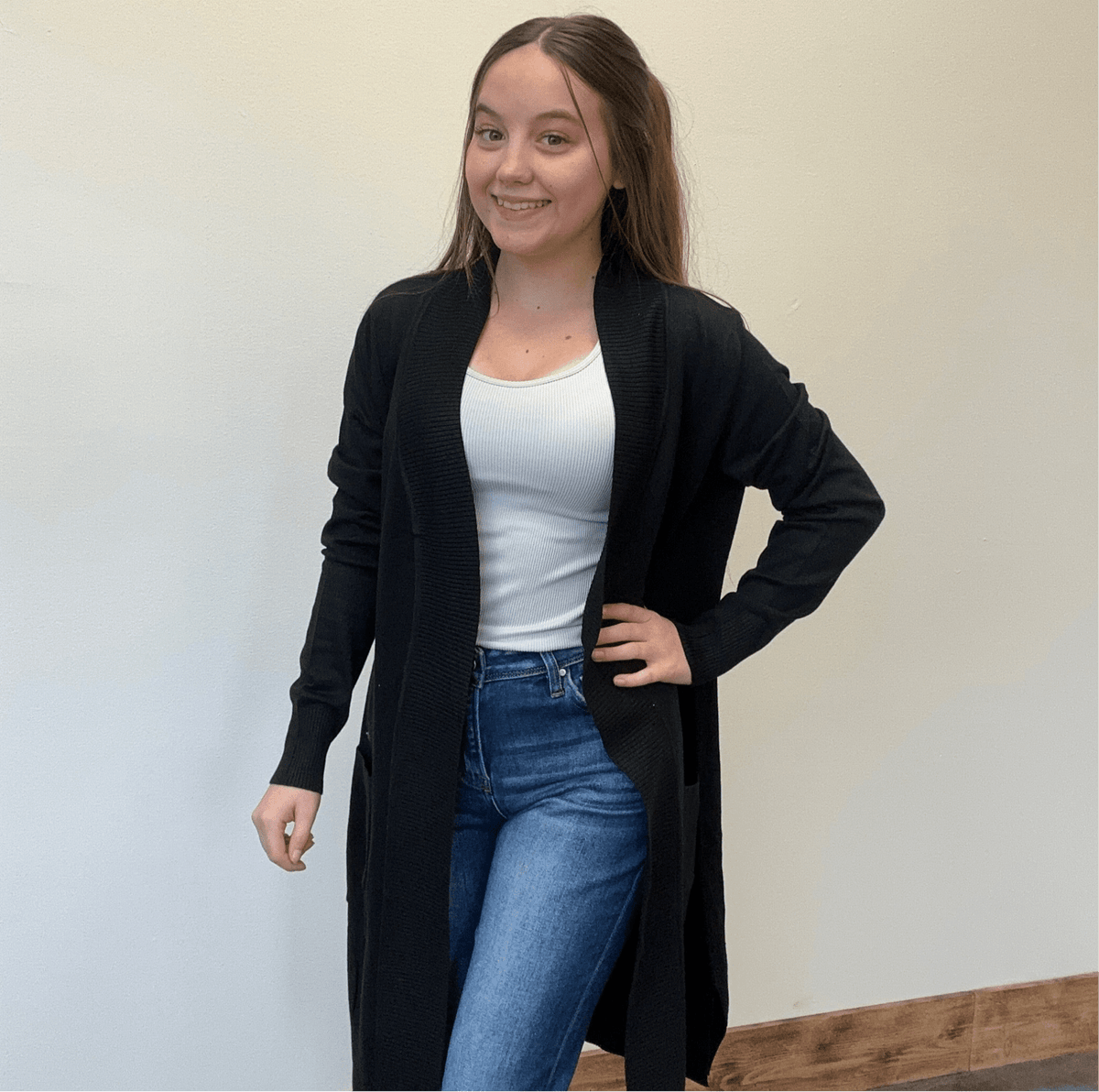 Black Open Front w/ Pockets Long Sleeve Cardigan - Country Lace Boutique