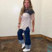 Black Oversized Ribbed Color block Short Sleeve Shirt - Country Lace Boutique