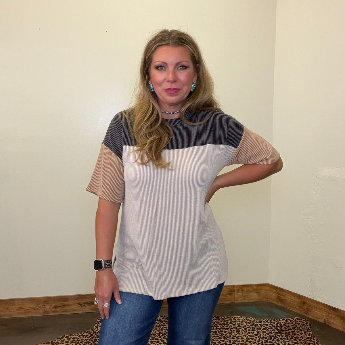 Black Oversized Ribbed Color block Short Sleeve Shirt - Country Lace Boutique