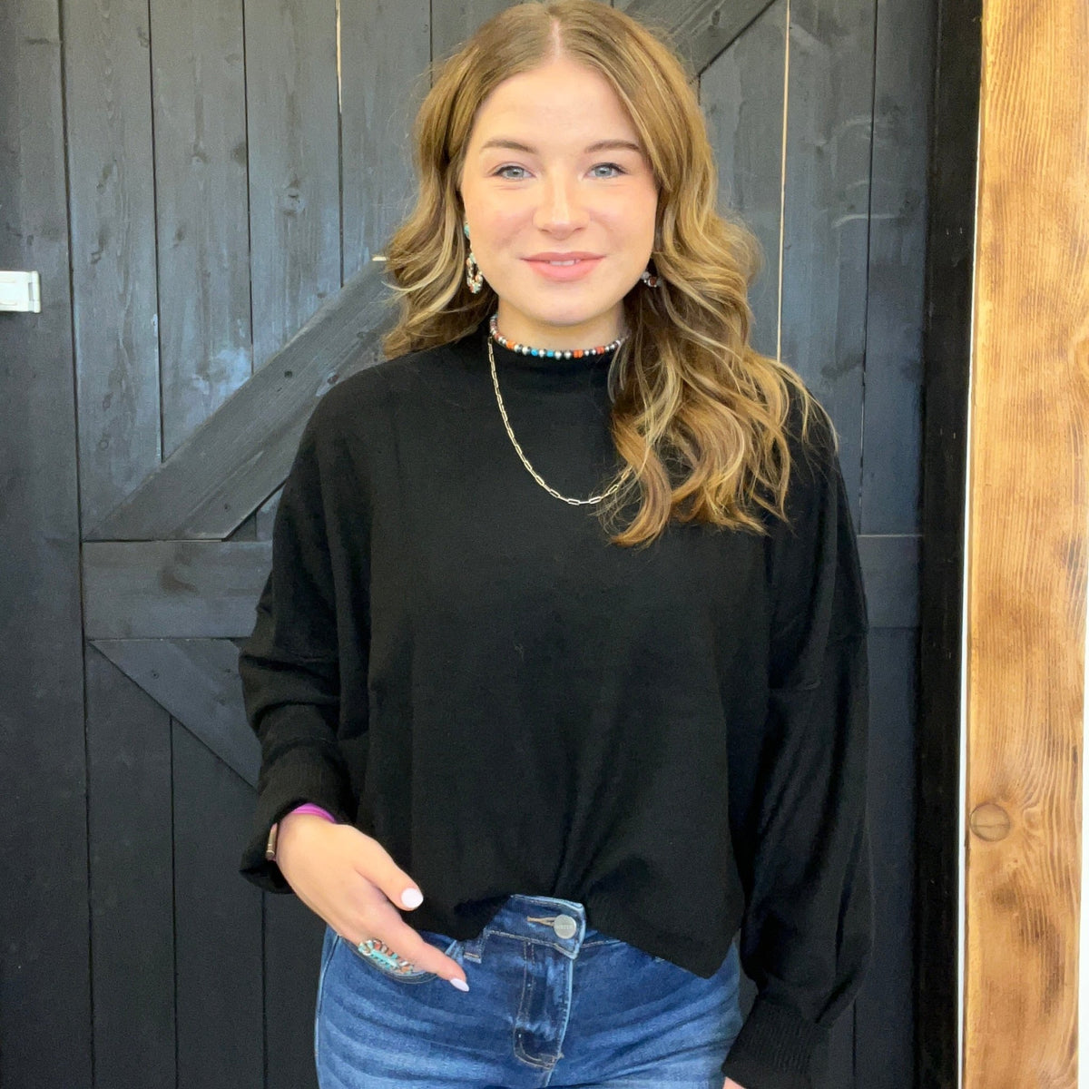 Black Super Soft Inside Out Crop Long Sleeve Sweater - Country Lace Boutique