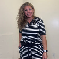 Black & White Knit Striped Short Sleeve V Neck Ribbed Shirt - Country Lace Boutique