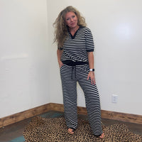 Black & White Knit Striped Short Sleeve V Neck Ribbed Shirt - Country Lace Boutique