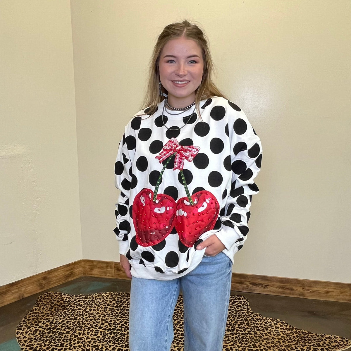 Black & White Polka Dot Red Cherry Long Sleeve Sweatshirt - Country Lace Boutique