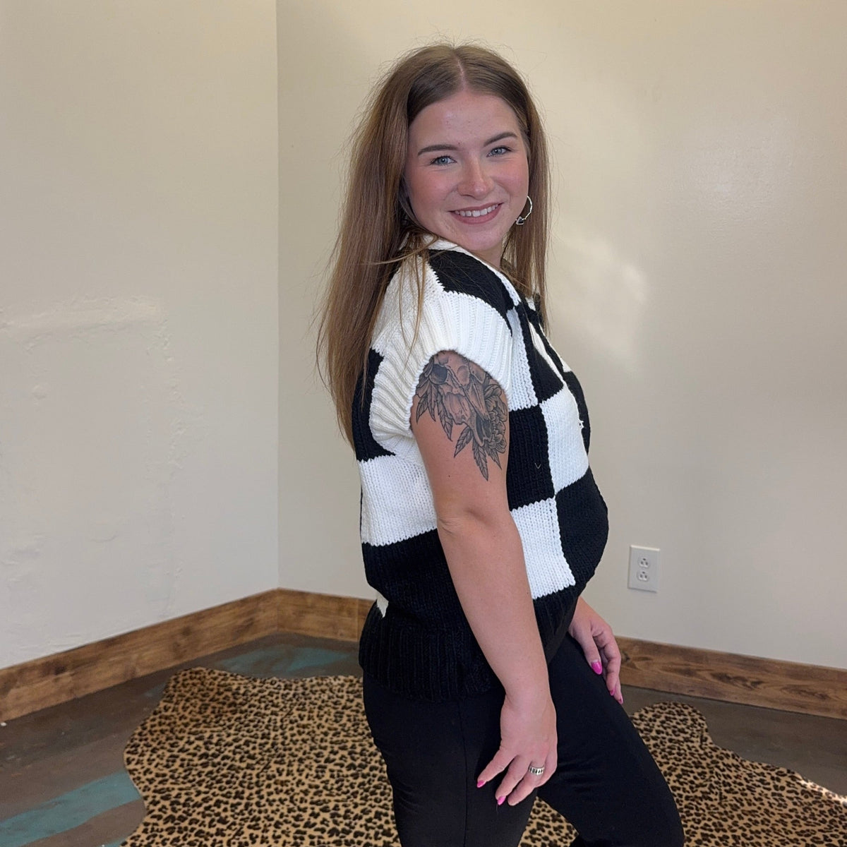 Black & White V Neck Checker Sweater Vest - Country Lace Boutique