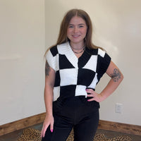 Black & White V Neck Checker Sweater Vest - Country Lace Boutique