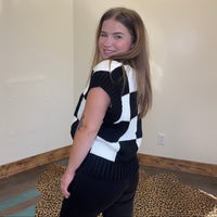 Black & White V Neck Checker Sweater Vest - Country Lace Boutique