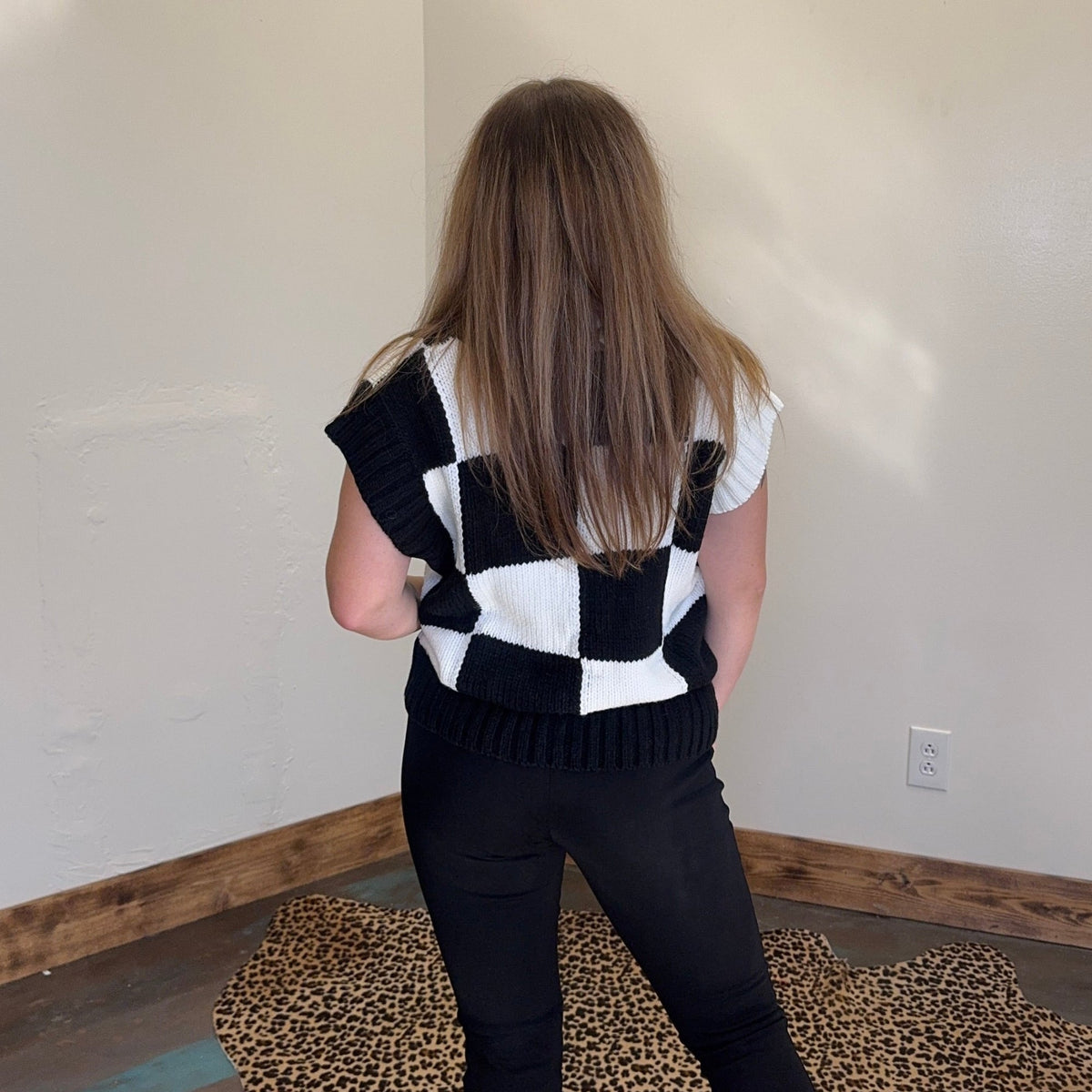 Black & White V Neck Checker Sweater Vest - Country Lace Boutique