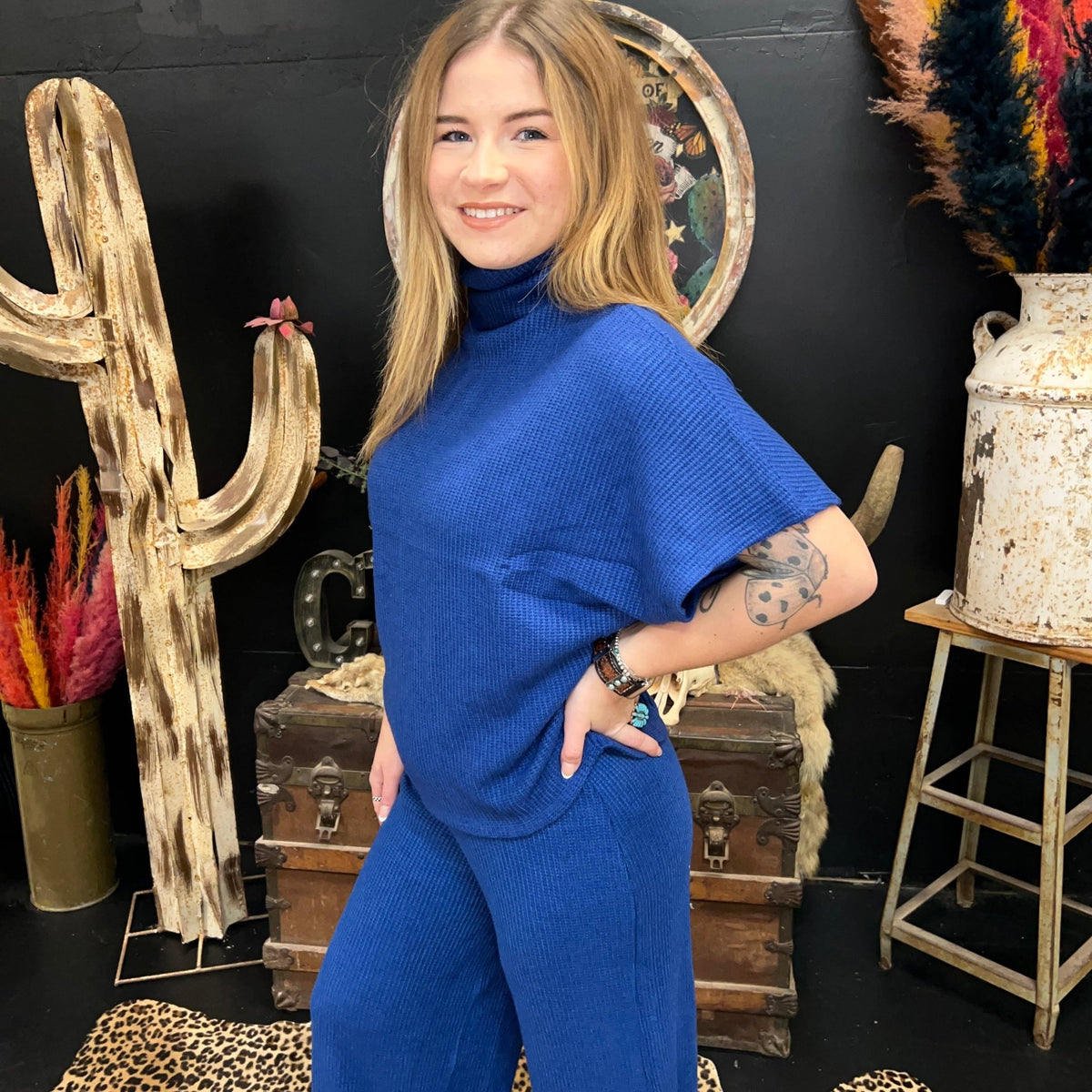 Blue Waffle Dolman Sleeve Top - Country Lace Boutique