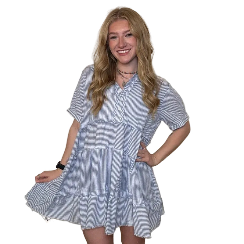Blue & White Stripe V Neck Ruffle Short Dress Country Lace Boutique Blue & White Stripe V Neck Ruffle Short Dress Country Lace Boutique