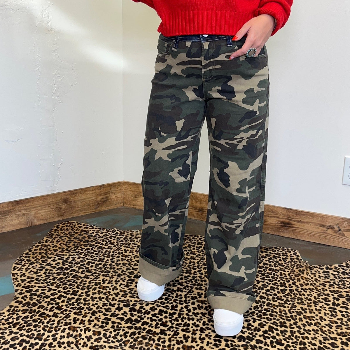 Camo Mid Rise Fit Straight Wide Risen Jeans - Country Lace Boutique