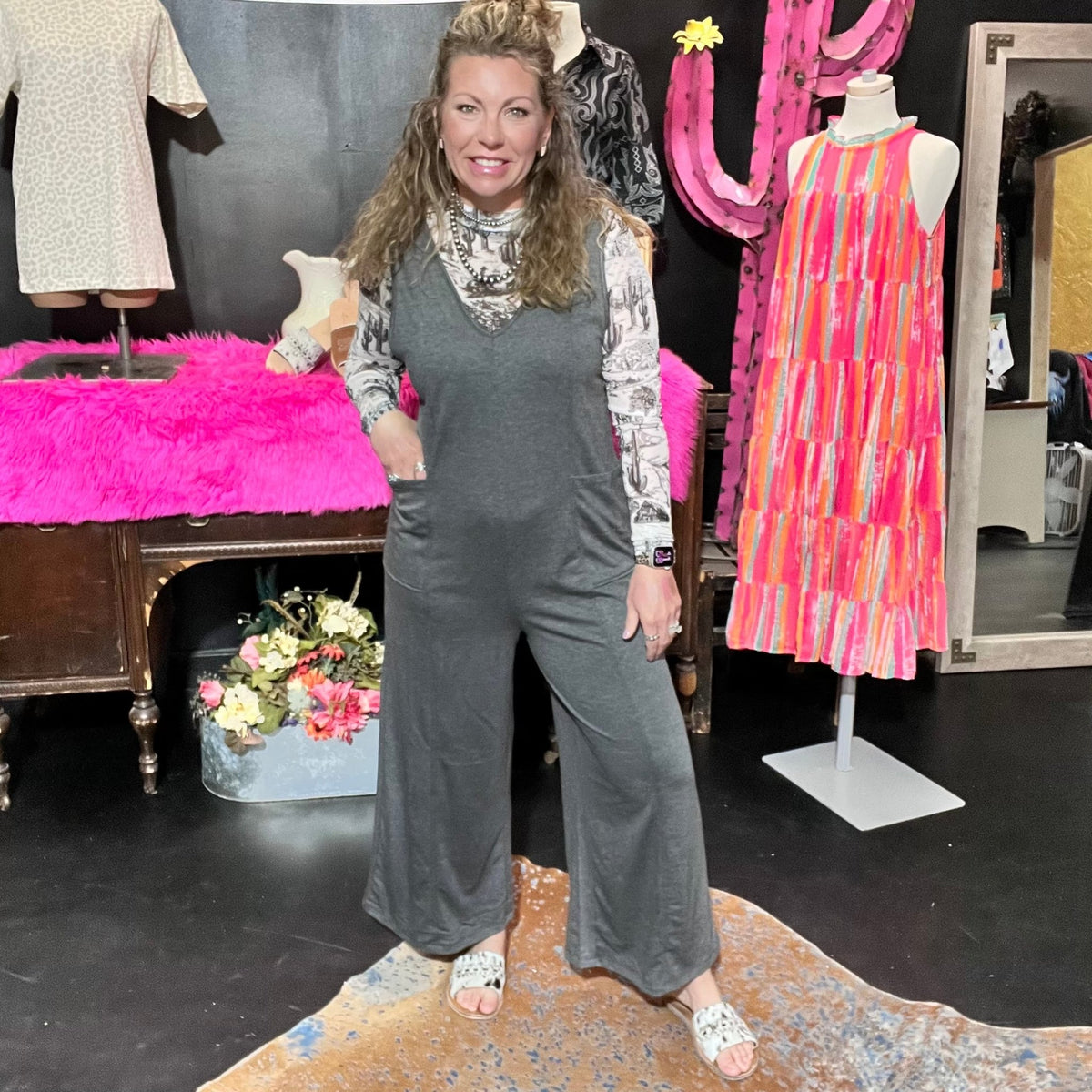 Charcoal Gray Sleeveless Romper Jumpsuit w/ Pockets - Country Lace Boutique