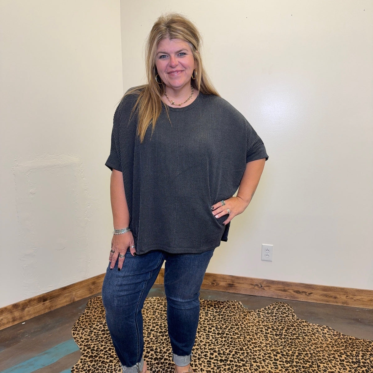 Charcoal Ribbed Dolman Shortsleeve Top - Country Lace Boutique