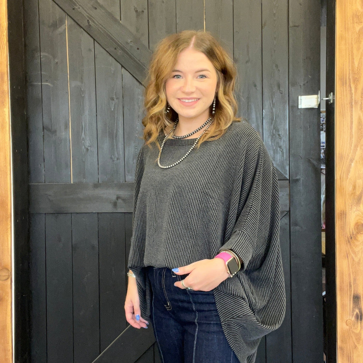 Charcoal Ribbed Dolman Shortsleeve Top - Country Lace Boutique