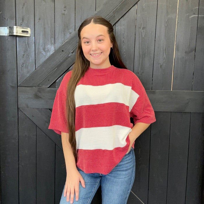 Crimson & White Chonky Ribbed Short Sleeve Shirt - Country Lace Boutique