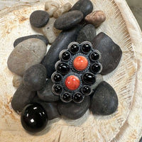 Dainty Gorgeous Black Onyx & Red Spiny Sterling Silver Adjustable Ring - Country Lace Boutique