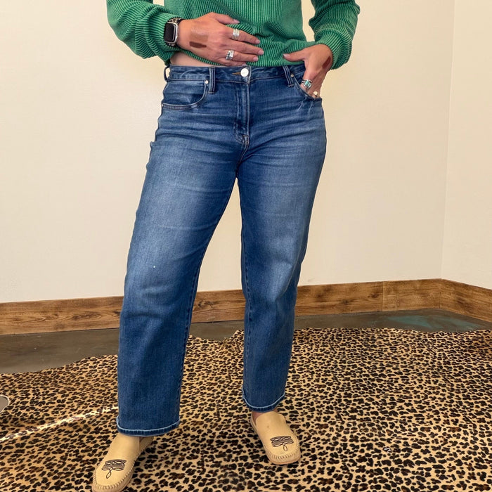 Dark Wash Mid Rise Ankle Boyfriend Turn Cuffed Risen Jeans - Country Lace Boutique