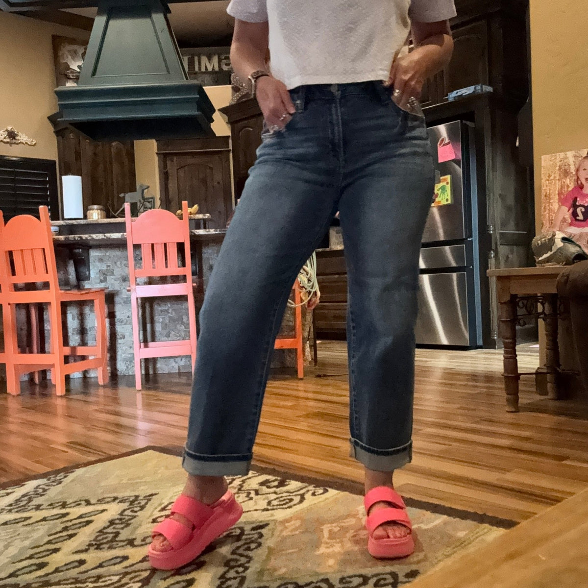 Dark Wash Mid Rise Ankle Boyfriend Turn Cuffed Risen Jeans - Country Lace Boutique