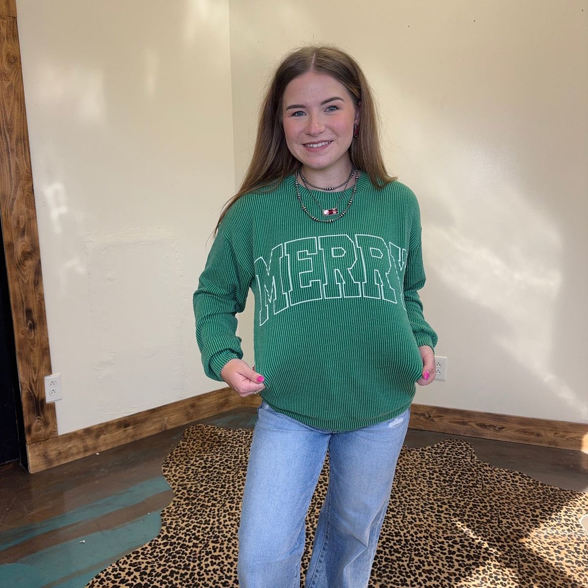 Green MERRY Ribbed Long Sleeve Shirt - Country Lace Boutique