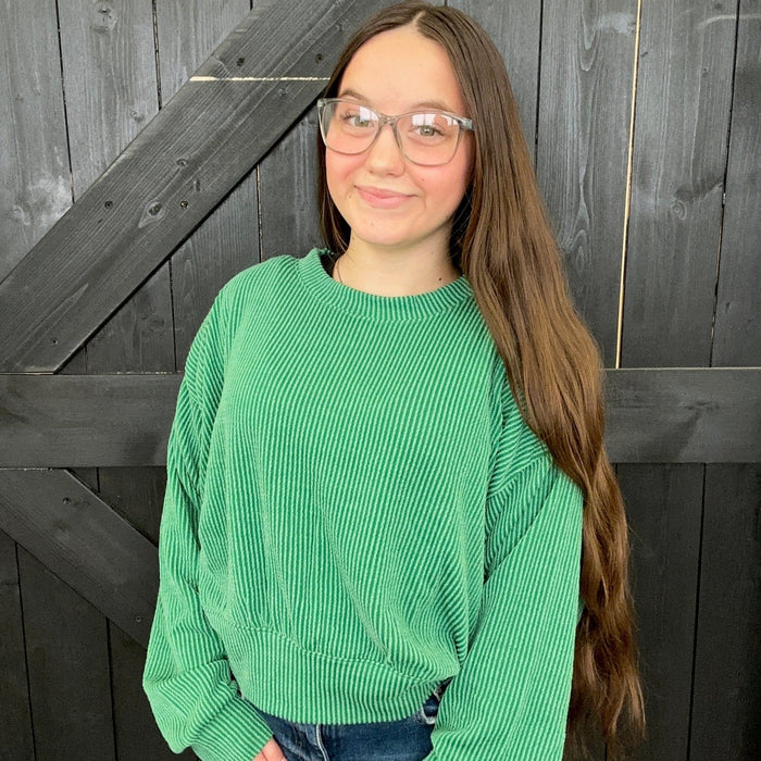 Green Ribbed Long Sleeve Crop Shirt - Country Lace Boutique