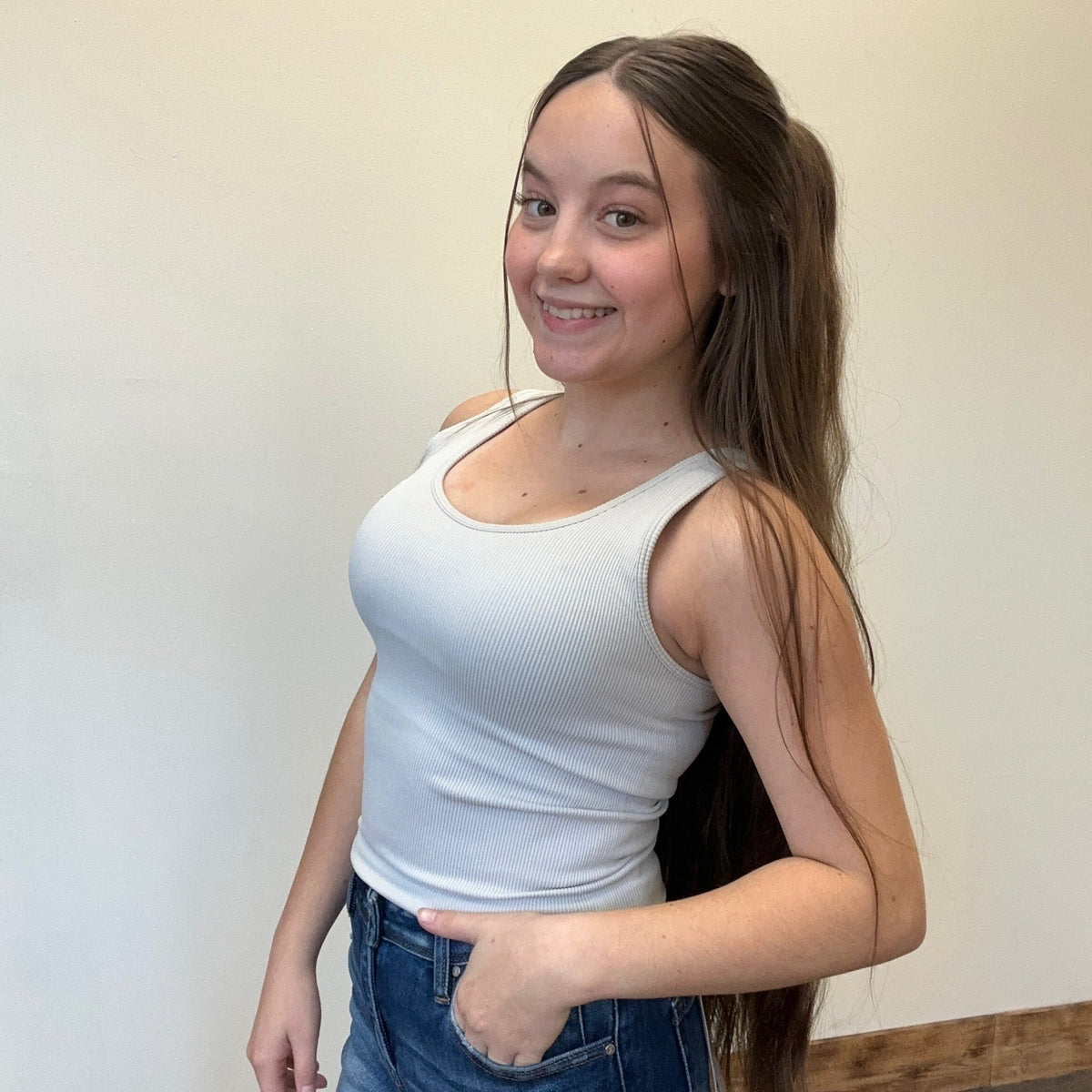Grey Ribbed Tank Top with Built in Bra - Country Lace Boutique