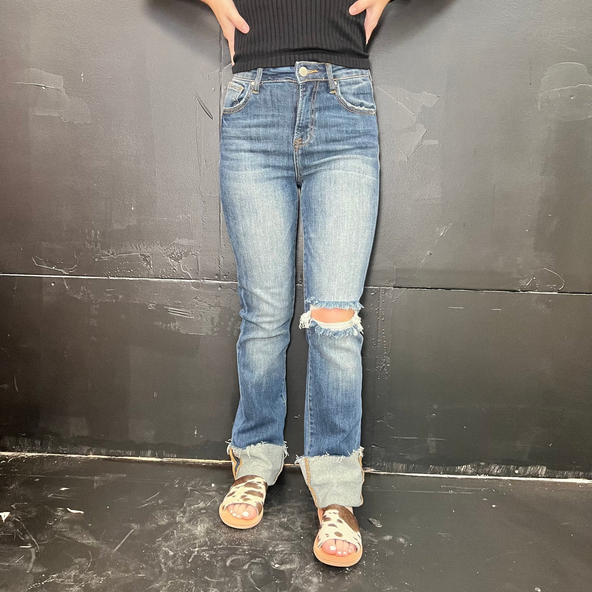 High Rise Distressed Knee Straight - Wide Cuffed Risen Jeans - Country Lace Boutique