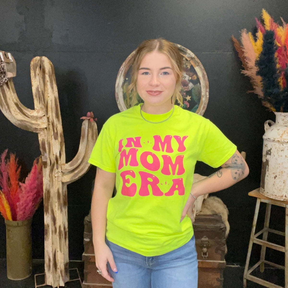 In My Mom Era Neon Yellow with Hot Pink Crew Neck T-shirt / Small - Country Lace Boutique