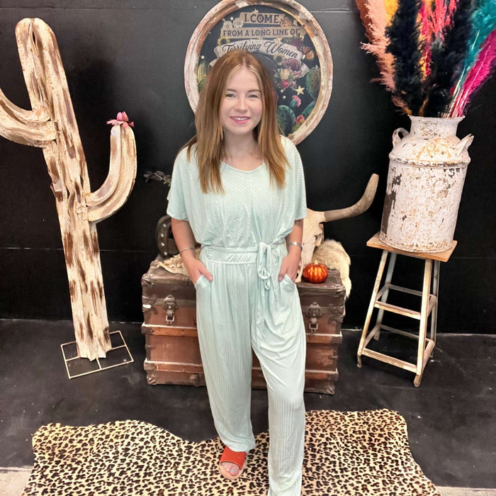 Light Sage Tie Waist Romper Jumpsuit / Small - Country Lace Boutique